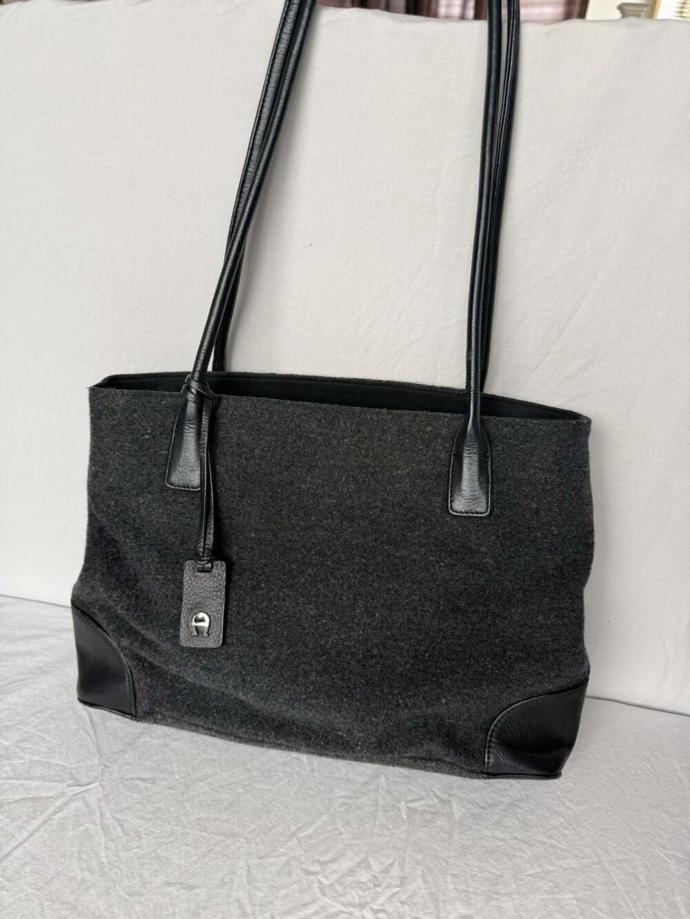 Etienne Aigner Gray Wool and Leather Shoulder Tote Bag